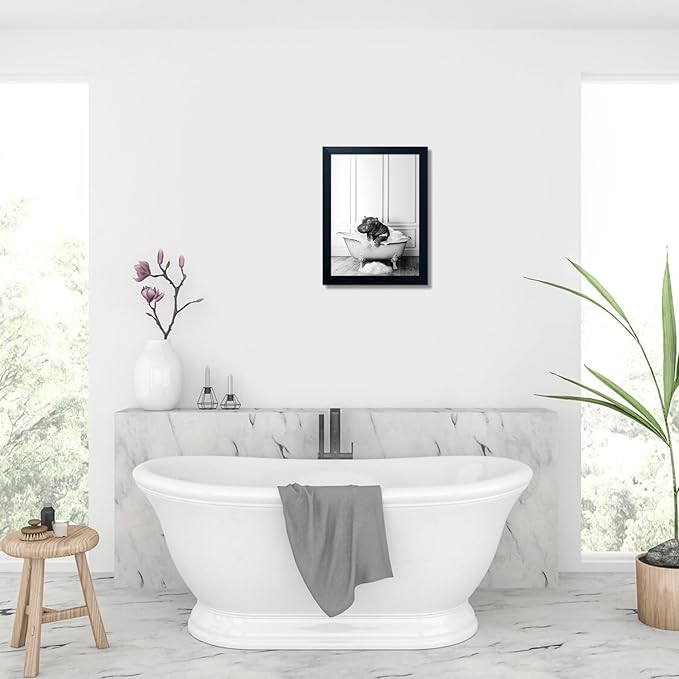 Black and White Bathroom Wall Decor Funny Hippo in Bathtub Wall Art Framed Humor Bathroom Signs Cute Animal Cnvas Print Artwork