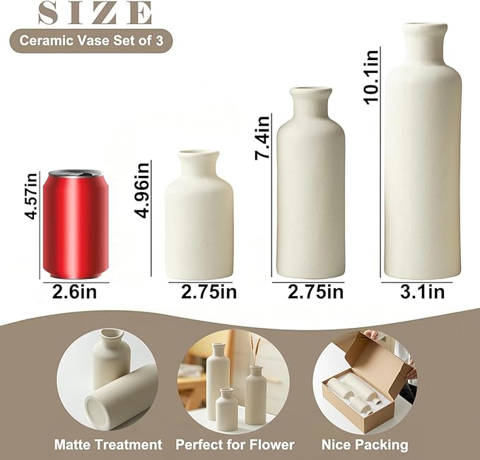 Modern Ceramic Vase Set of 3, Beige Colors, Decorative Bottles for Home, Farmhouse Rustic Decor (Beige)