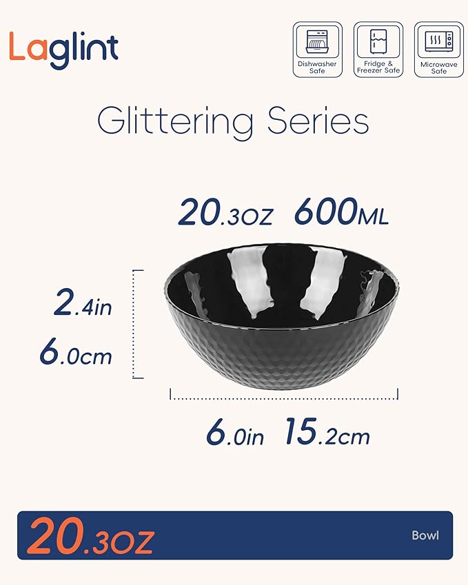 20 OZ Max Black Opal Glass Cereal Bowl Set of 6, Thin Light & Durable 6 inch Dishwasher & Microwave Safe Round Geometric Faceted Bowls for Kitchen, Salad, Soup and Rice
