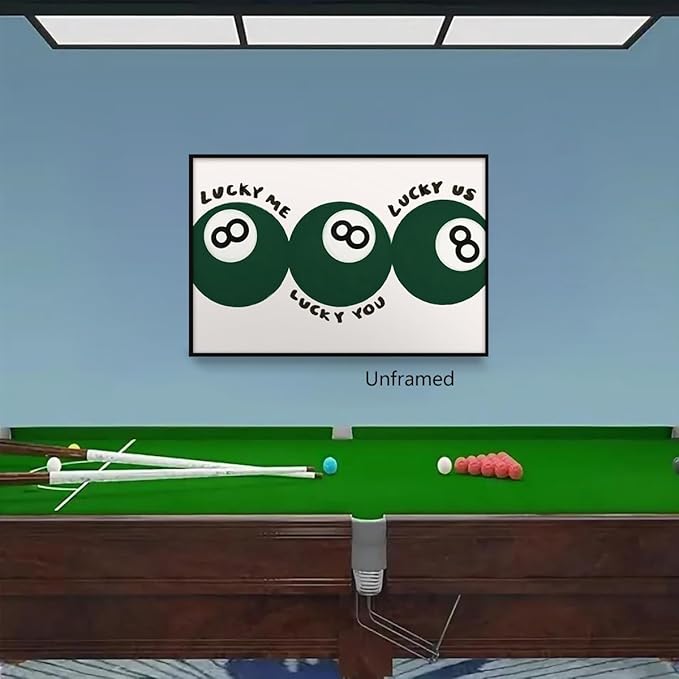 Green 8 Ball Poster, Lucky Me Lucky You Lucky Us Quote Canvas Wall Art, Playful Billiards Balls Picture Print, Retro 8ball Pool Painting for Bar Cart Game Room Man Caves Wall 12x16in Unframed