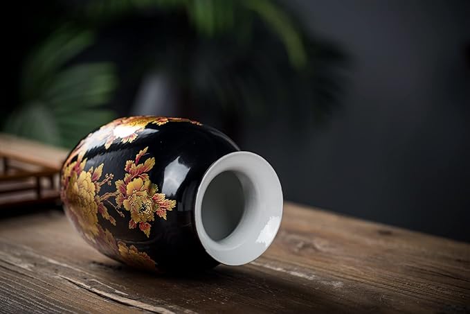 Black Vases Chinese Ceramic Flower Vase Decorated with Peony Design for Home Living Room Display and Gift from Jingdezhen Porcelain