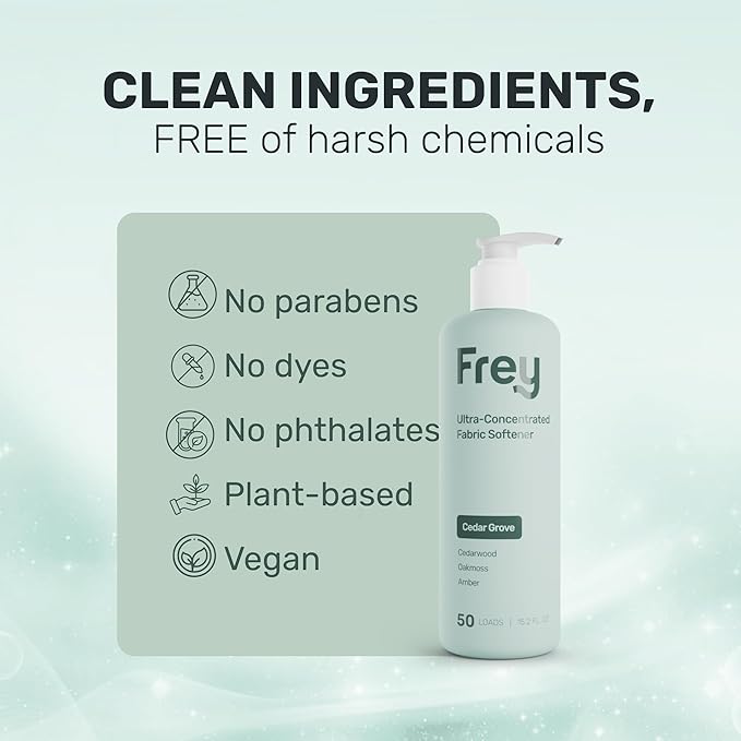 FREY Natural Liquid Fabric Softener & Conditioner | Laundry Softener for Clothing | Works In All Machines + HE | Powered by Natural Ingredients (1-pack, Cedar Grove)