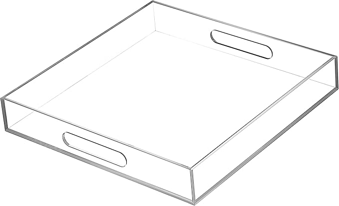 Clear Sturdy Acrylic Serving Tray with Handles-12x12 Inch-Serving Coffee,Appetizer,Breakfast,Butler-Kitchen Countertop Makeup Drawer Organizer-Vanity Table,Ottoman Tray