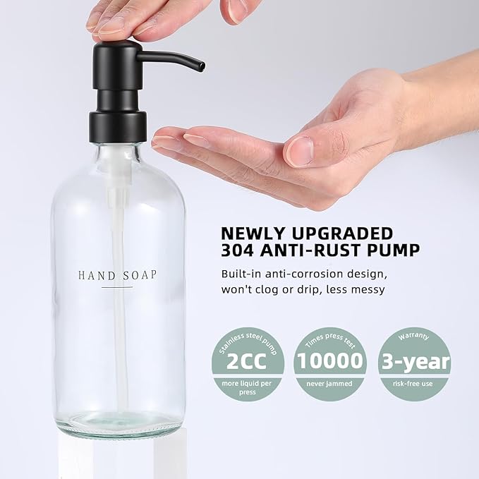 Glass Soap Dispenser - Dish Soap Dispenser for Kitchen, Hand Soap Dispenser Set, Bathroom Soap Dispenser with 304 Rust Proof Pump, Soap Dispenser for Kitchen with Tray, Clear Bottle/Black Pump