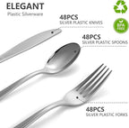 144 Pack Silver Premium Plastic Cutlery Disposable Silverware Set - 48 Forks, 48 Knives, 48 Spoons - For Catering, Parties, Dinners, Weddings, and Everyday Use, Plastic box packaging