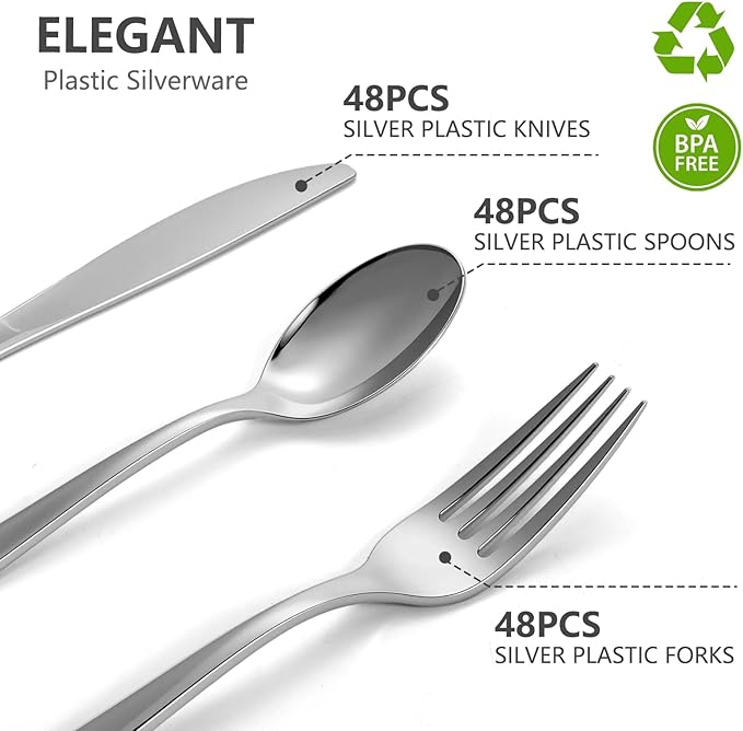 144 Pack Silver Premium Plastic Cutlery Disposable Silverware Set - 48 Forks, 48 Knives, 48 Spoons - For Catering, Parties, Dinners, Weddings, and Everyday Use, Plastic box packaging