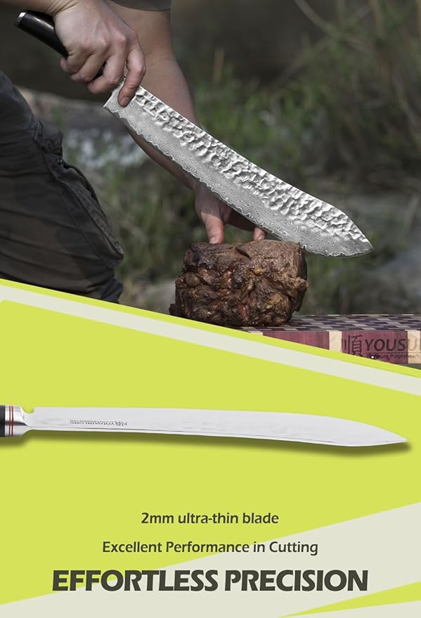 YOUSUNLONG Breaking Knife Max Bull Nose Butcher's knife 12" Japanese 67 Layers Hammered Damascus Steel with Natural Leadwood Handle