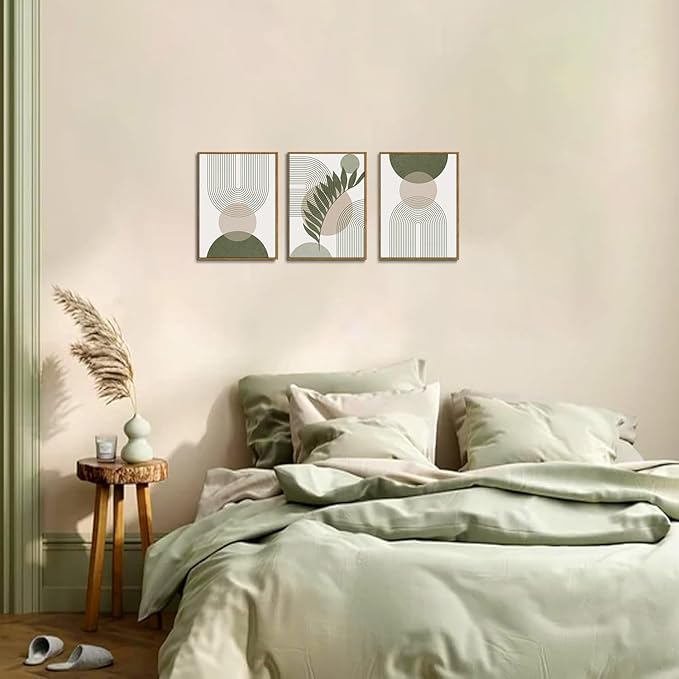 Bwodke Boho Wall Art, Framed Abstract Wall Art, Sage Green Canvas Wall Decor, Mid Century Line Leaf Geometric Pictures Set of 3, Minimalist Paintings, for Bedroom Living Room Bathroom 12"x16"