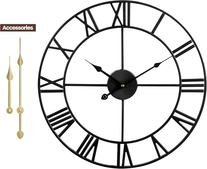 1st owned Large Wall Clock Metal Retro Roman Numeral Clock, Modern Round Wall Clocks Almost Silent, Easy to Read for Living Room/Home/Kitchen/Bedroom/Office/School Decor (Black, 24 Inch)