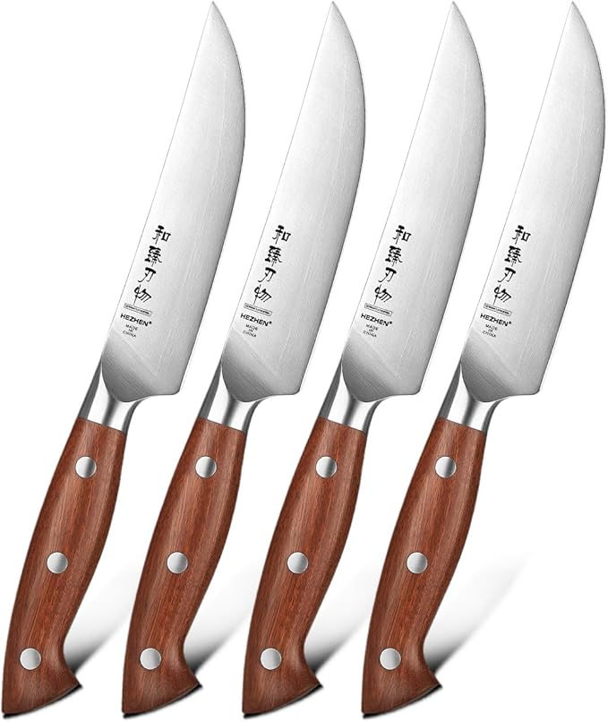 HEZHEN 5.3 Inch Steak Knives, Non Serrated Steak Knife Set of 4, German Steel Steak Knife Set,Professional Straight Sharp Edge Knives - Full Tang Ergonomic Handle