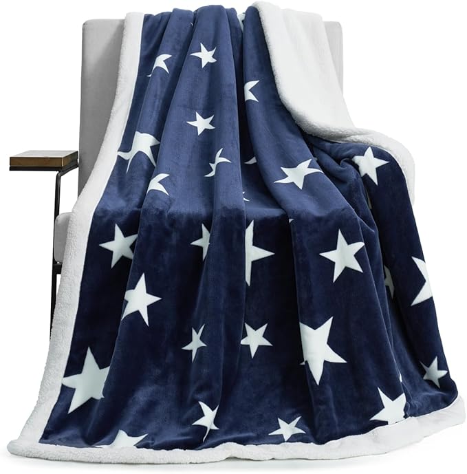 Cozy Bliss Thick Warm Sherpa Fleece Star Blanket, Double Sided Patriotic Throw Blanket Fluffy Soft Fuzzy Thick Blanket for Couch, Bed and Gifts(Navy Blue, 50" x 60")