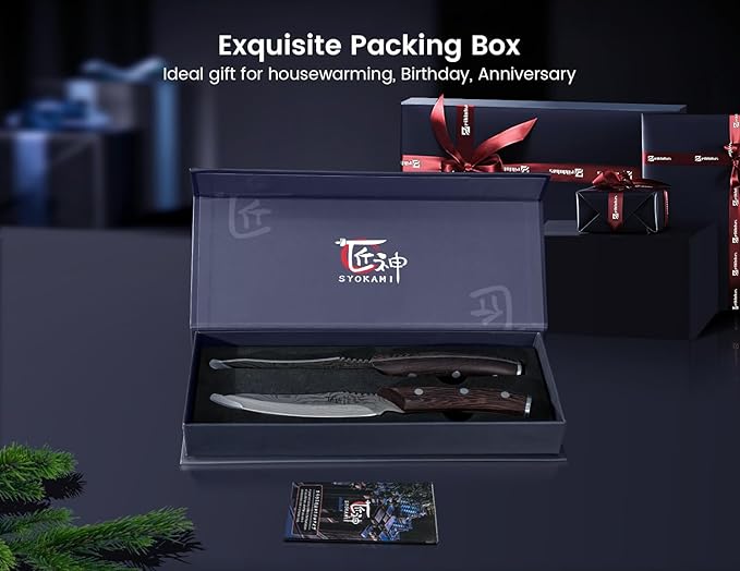 Steak Knives Set of 2, 4.8 Inch High-Carbon Japanese Style Non-serrated Meat Knife with Wood Handle, Damascus Pattern Full Tang Design, Razor-Sharp Dinner Knives with Gift Box