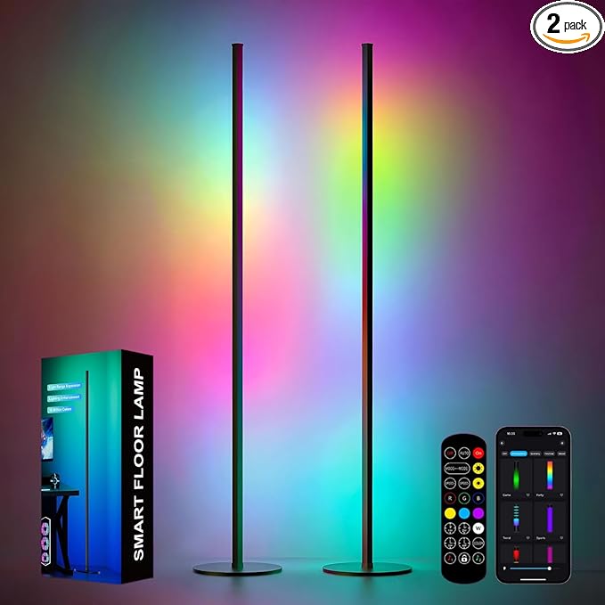 Corner Floor Lamp, 2 Pack RGB IC Corner Lamp 55" with APP Control, 16 Million Colors, Timing Function and Music Sync, Color Changing Ambient Lighting for Living Room Bedroom Gaming Room Upgraded