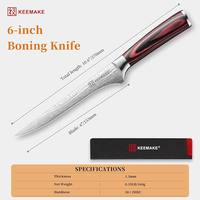 KEEMAKE Fillet Knife 6 Inch, Super Sharp Boning Knife High Carbon Stainless Steel Deboning Knives for Meat Cutting, Fish Knive with Ergonomic Pakkawood Handle with Gift Box