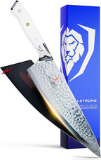 Dalstrong Chef Knife - 8 inch Blade - Shogun Series - Damascus - Japanese AUS-10V Super Steel Kitchen - Glacial White Handle ABS - Razor Sharp Chef's - Full Tang Cooking Knife - Sheath