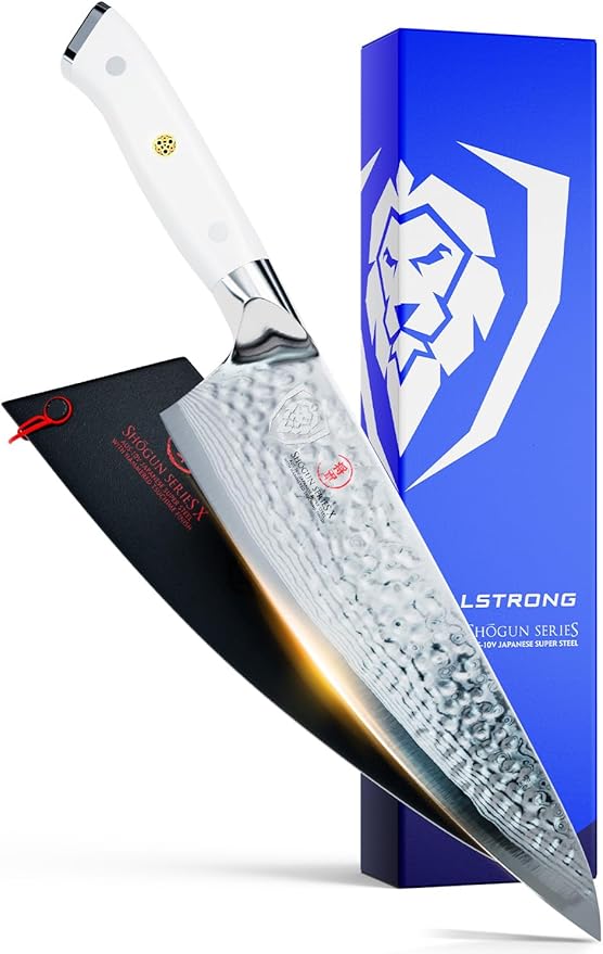 Dalstrong Chef Knife - 8 inch Blade - Shogun Series - Damascus - Japanese AUS-10V Super Steel Kitchen - Glacial White Handle ABS - Razor Sharp Chef's - Full Tang Cooking Knife - Sheath