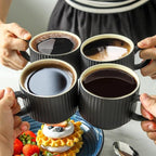 Hasense 15OZ Ceramic Stackable Coffee Mugs Set of 2, Large Porcelain Coffee Cups Set with Ribbed Design and Handle for Cappuccino, Latte, Cereal, Americano, Tea Bag and Beverage, Matte Black