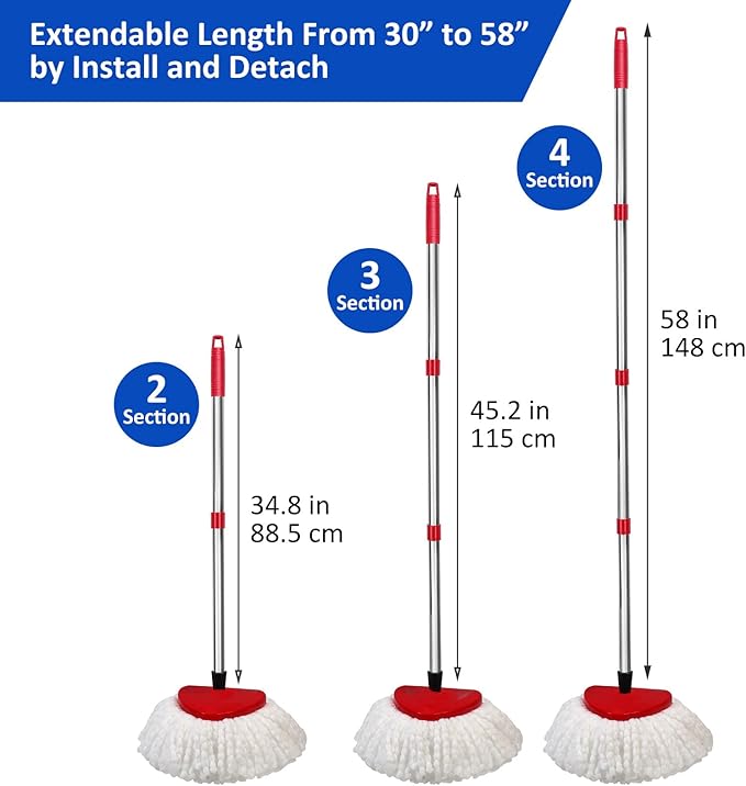 4 Pack Spin Mop Replacements Heads Compatible for O ceda EasyWring 1 Tank System, Microfiber Mops Head Refills , 1 Triangle Head Base and 30-58in Handle Set Combo