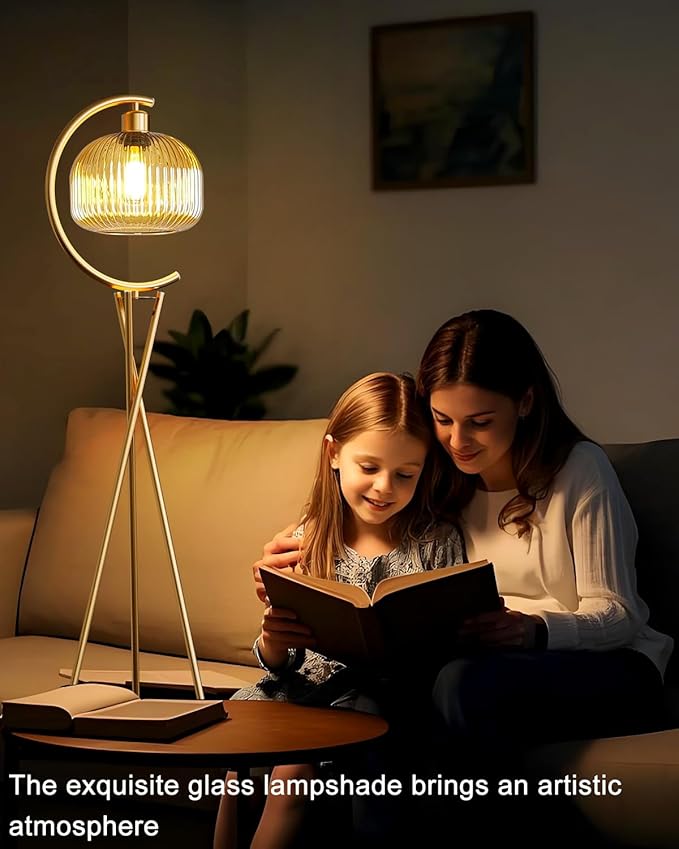 Lightdot Tripod Floor Lamp for Living Room, Gold Standing Lamp with Brown Glass Lampshade, Farmhouse Tall Lamp for Bedroom, Arced Reading Light for Home Office