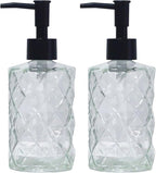 Crystal Clear Glass Soap Dispenser with Black Pump, 2 Pack 12oz Diamond Hand Dispenser, Refillable Lotion Dispenser & Dish Soap Dispenser, Bathroom Soap Dispenser for Liquid, Shower Gel