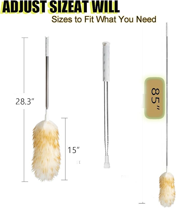 Lambswool Feather Duster with Extension Pole up to 85inch,Extendable Feather Duster Used for Cleaning High Ceiling Fan, High Ceilings,Furniture,Hard to Reach Areas