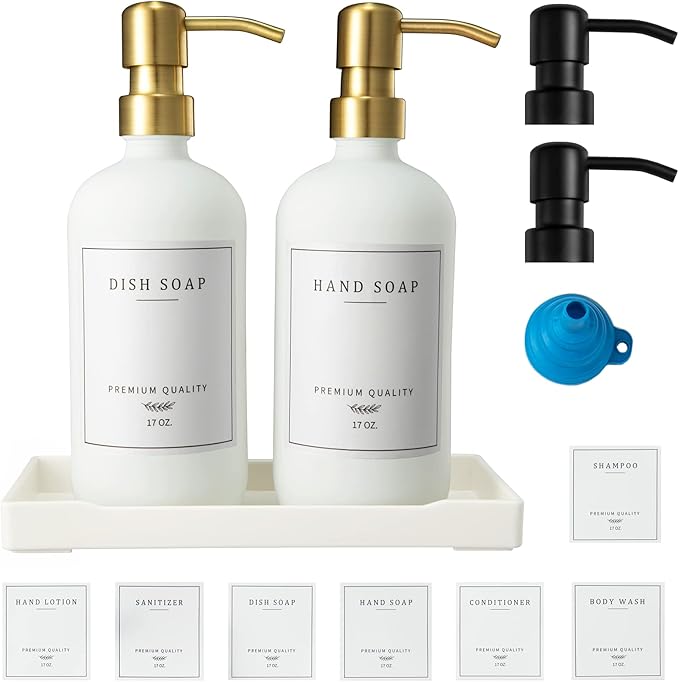 Glass Soap Dispenser for Kitchen Sink,Farmhouse Kitchen Dish Soap Dispenser&Hand Soap Dispenser Set,Rustproof Pump Soap Lotion Dispenser Bathroom with Tray,Waterproof Label for Decor(White