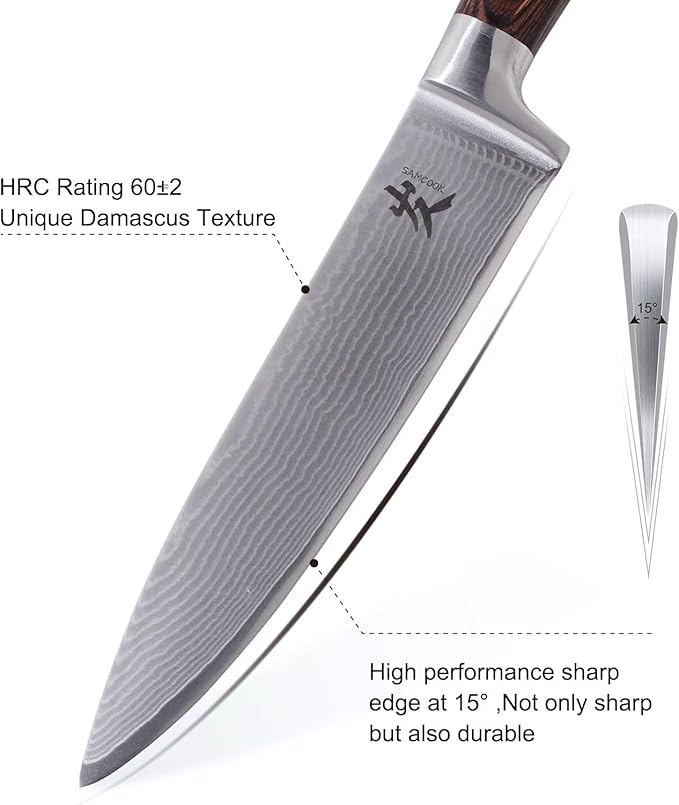 SAMCOOK Damascus Chef Knife - 8 Inch Professional Sharp Kitchen Knife - Japanese VG-10 High Carbon Stainless Steel Meat Sushi Cutting Gyuto knife - Ergonomic Pakkawood Handle with Gift Box