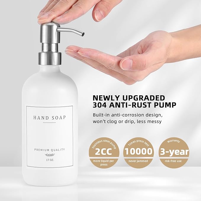 Glass Soap Dispenser - Dish Soap Dispenser for Kitchen and Hand Soap Dispenser Set, Bathroom Soap Dispenser with 304 Rust Proof Pump, Soap Dispenser for Kitchen with Tray, White Bottle/Silver Pump