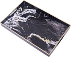 MAONAME Decorative Tray, Plastic Marbling Tray with Handles, Rectangular Coffee Table Trays for Ottoman, Bathroom, 15.7” x 10.2”, Black