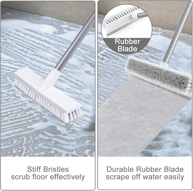 Floor Scrub Brush and Grout Brush Set with Long Handle, Heavy Duty Grout Cleaner Brush with Stiff Bristle for Tile, Corner, Carpet, Garage, Deck, Shower Floor (2 Pack Brush Head)