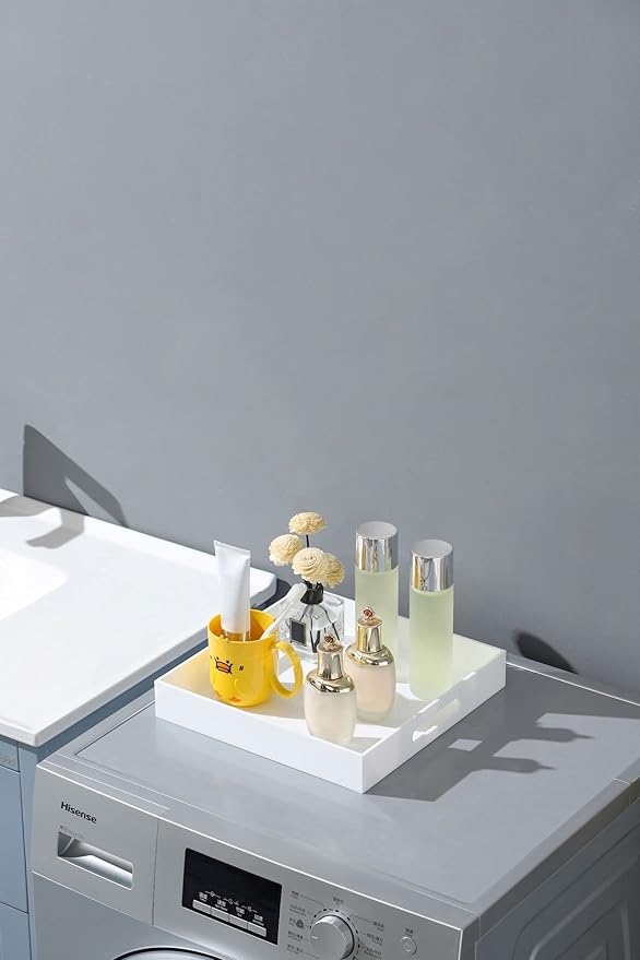 Glossy White Sturdy Acrylic Serving Tray with Handles-12x12 Inch-Serving Coffee,Appetizer,Breakfast,Butler-Kitchen Countertop Tray-Makeup Drawer Organizer-Vanity Table,Ottoman Tray-Decorative