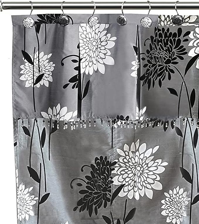Zahari Home 13pc Erica Bathroom Fabric Shower Curtain Sets Bathroom Shower Curtain & 12 Shower Bathroom Hooks Modern Classic Luxury Contemporary Decor Grey Shower Curtain Stylish Bath Sets