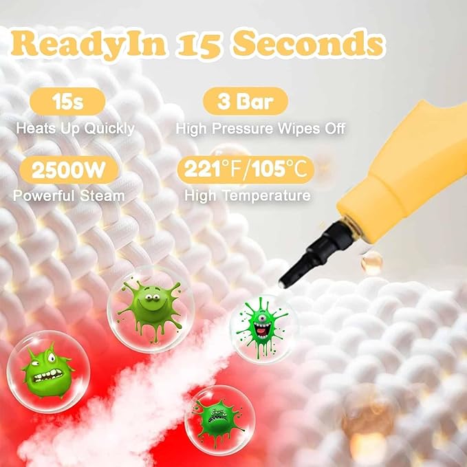 Touchscreen Steam Cleaner 1100ML 2500W High Temperature Pressure Handheld Steam Cleaning Machine with Brush Heads and Gloves 7 in 1 for Car Floor Kitchen Bathroom Window Furniture (Yellow)