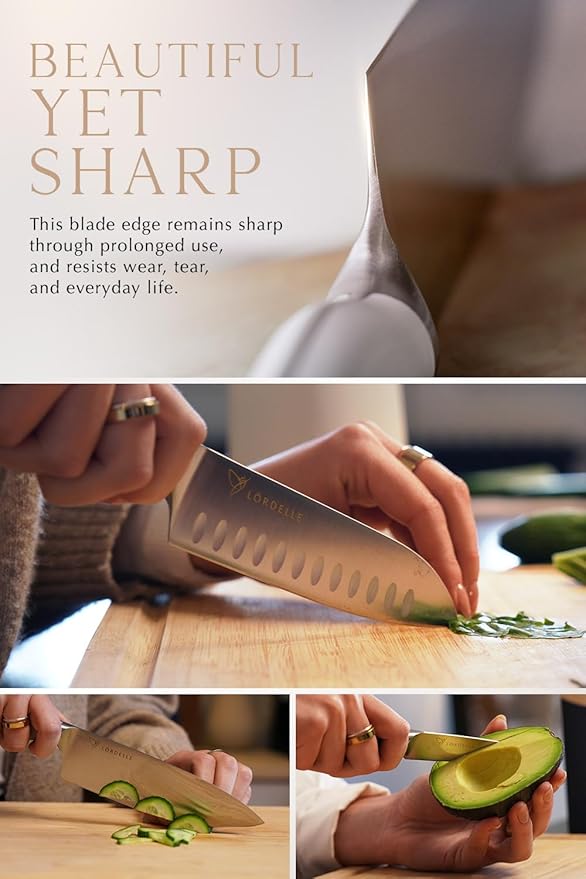 Lordelle Knife Block Set - 5 Piece Set - Coastal Green - Lifestyle Home Kitchen Design - German X50 Stainless Steel - ABS Handle - Ash Wood Block - Cooking Chef Knife, Santoku, Paring, Utility