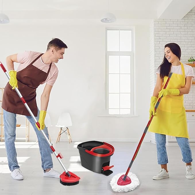 Spin Mop Head Replace Compatible with O Cedar EasyWring 1 Tank, Upgraded Scrub Brush and Base, 2 Microfiber Mop Replacement Head, 1 Handle, Easy to Install Attachments