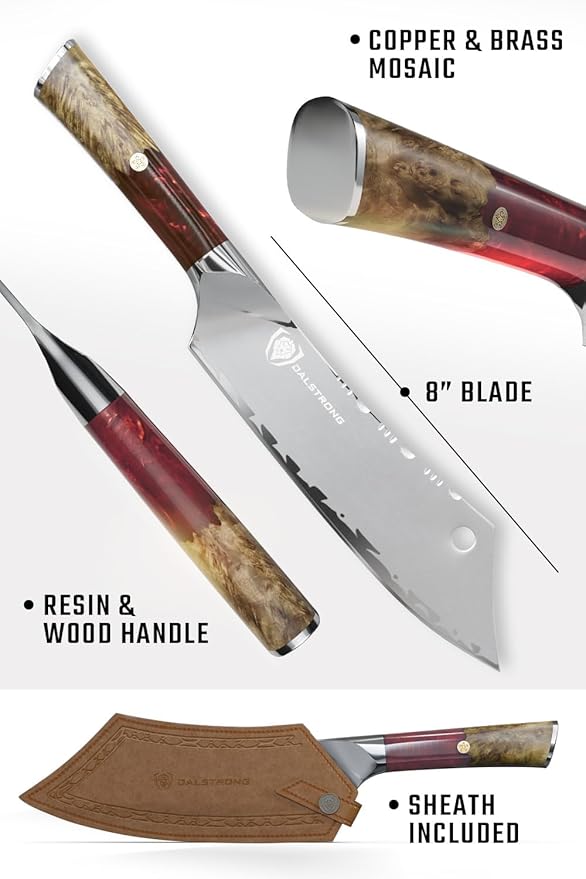 Dalstrong Chef & Cleaver Hybrid Knife - The 'Crixus' - 8 inch - Valhalla Series - 9CR18MOV HC Steel - Red Resin & Wood Handle - Razor Sharp Chef's Knife - w/Leather Sheath