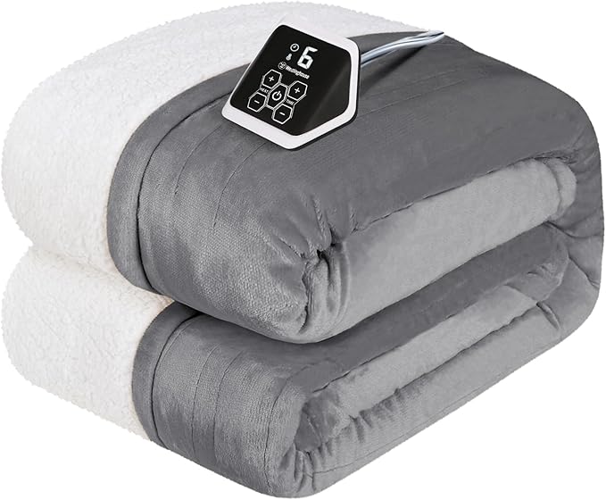Westinghouse Heated Blanket Twin Size, Soft Flannel to Sherpa Electric Blanket with 10 Heating Levels, 12 Hours Auto Off, Fast Heating, Machine Washable, 62x84 Inch, Light Grey