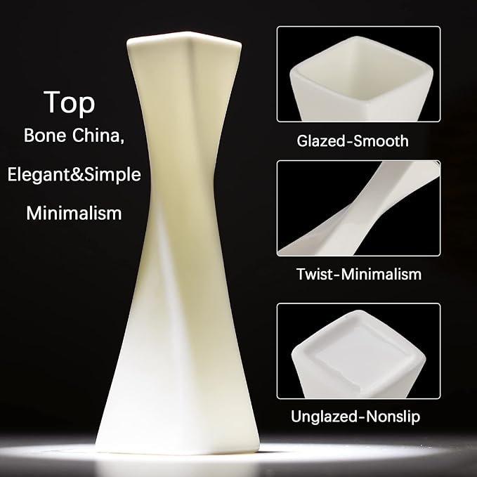 Bud Vase, White Small Ceramic Vase for Modern Home Decor, Flower Vase for Centerpieces Twist Minimalism Style Fit Table Shelf Fireplace Bedroom Kitchen Living Room Office