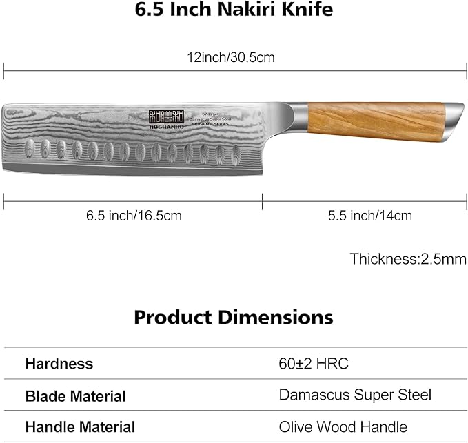 HOSHANHO Damascus Nakiri Knife 6.5 Inch, Super Sharp Damascus VG-10 Japanese Kitchen Knife, Cleaver and Vegetable Knife with Ergonomic Olive Wood Handle