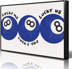 Blue 8 Ball Poster, Lucky Me Lucky You Lucky Us Quote Canvas Wall Art, Playful Billiards Balls Picture Print, Retro 8ball Pool Painting for Bar Cart Game Room Man Caves Wall 24x36in Framed