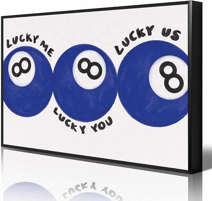 Blue 8 Ball Poster, Lucky Me Lucky You Lucky Us Quote Canvas Wall Art, Playful Billiards Balls Picture Print, Retro 8ball Pool Painting for Bar Cart Game Room Man Caves Wall 12x16in Unframed