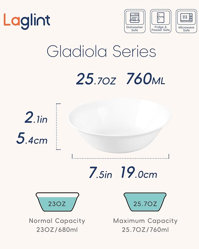 25OZ Cereal Soup Bowl Set of 4, Opal Glass 7.5 inch White Bowls for Ramen, Noodle, Salad, Fruit, Dishwasher and Microwave Safe