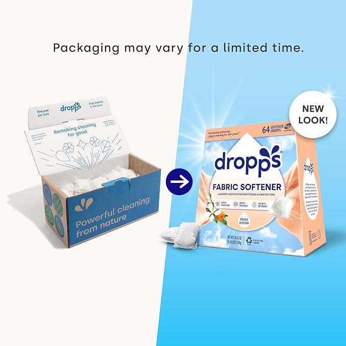 Dropps Laundry Fabric Softener Pods, Orange Blossom (64 Count) - Fabric Softener Liquid Pods for Fluffy, Soft Fabrics - HE Compatible Mineral Based Ingredients Laundry Supplies