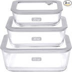 Glass Food Containers with Glass Lid, Microwave Safe Food Storage Container Set, 3 Pack, Square Shape, Food Containers with Lids, Meal Prep containers with Leak Proof Lid.