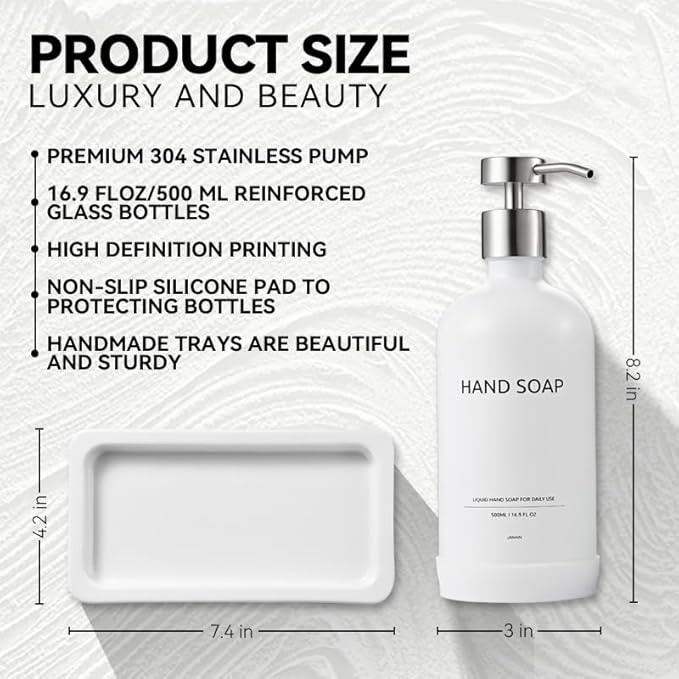 Glass Kitchen Soap Dispenser Set with Ceramic Tray,16.9 floz Hand and Dish Soap Dispenser for Kitchen and Bathroom Decor (White + Silver(Lotion))