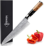 SENKEN Damascus Steel Chef's Knife - Tsunami Collection - 67-Layer Japanese VG10 Steel Core - Unique Black Resin & Natural Wood Handle, Razor Sharp, Beautiful Damascus Wave Pattern (Black)