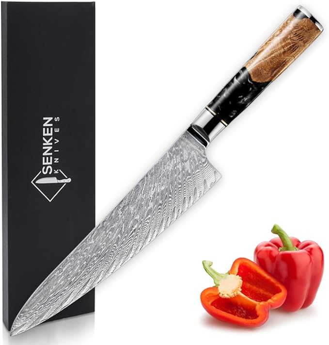 SENKEN Damascus Steel Chef's Knife - Tsunami Collection - 67-Layer Japanese VG10 Steel Core - Unique Black Resin & Natural Wood Handle, Razor Sharp, Beautiful Damascus Wave Pattern (Black)