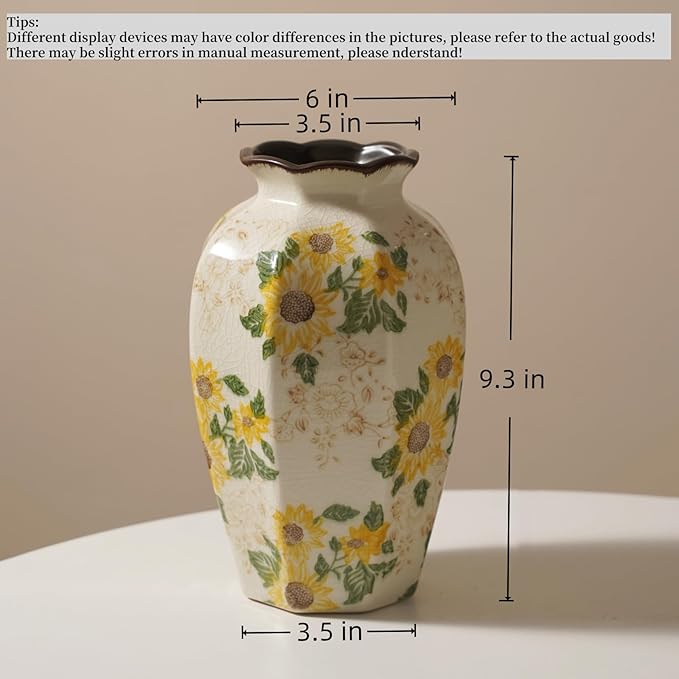Levvohd Vintage Pastoral Octagonal Vase, 9.3 Inch Ceramic Sunflower Flower Vases, Rustic Farmhouse Antique Chinoiserie Floral Vase for Wall Art Bedroom and Shelf Home Decor (Octagonal)
