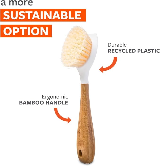 Full Circle Be Good Kitchen Dish Brush with Bamboo Handle – Long Handle Dish Scrubber with Tough Bristles, White 2pk