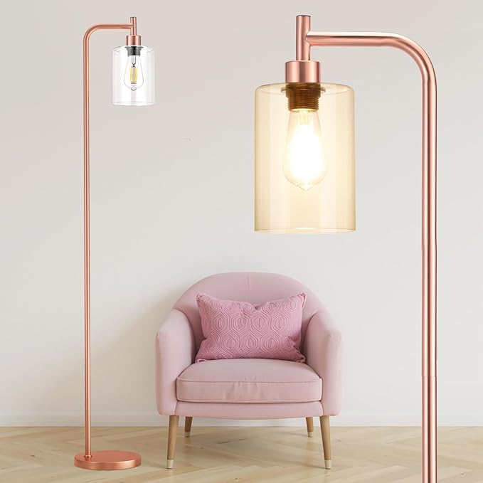 Floor Lamp with Clear Glass Shade - Industrial Standing Lamp with LED Bulb, Modern Tall Floor Lamps for Living Room Bedroom Office - Pink